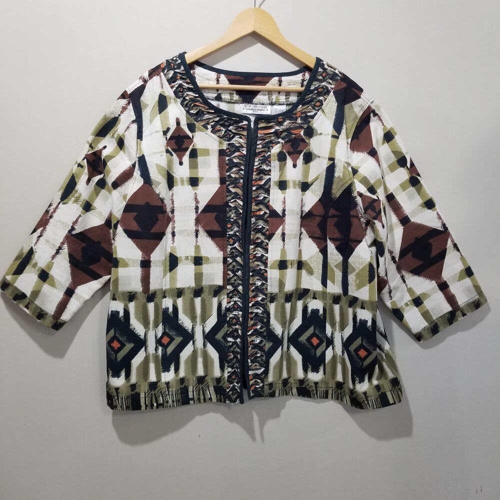 New Direction Jacket Womens 3X Multicolor Aztec Print Cotton 3/4 Sleeve Boho